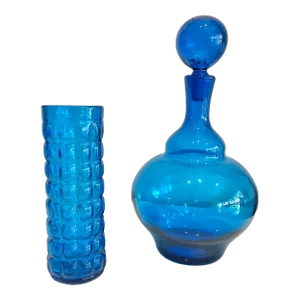 Vintage Turquoise Blue Blenko Glass Decanter With Ball Stopper- 2 Pieces
