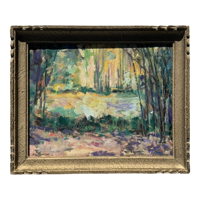 Your own personal Giverny: water, flora, dappled light. American oil on canvas board, signed on recto. Antique French...