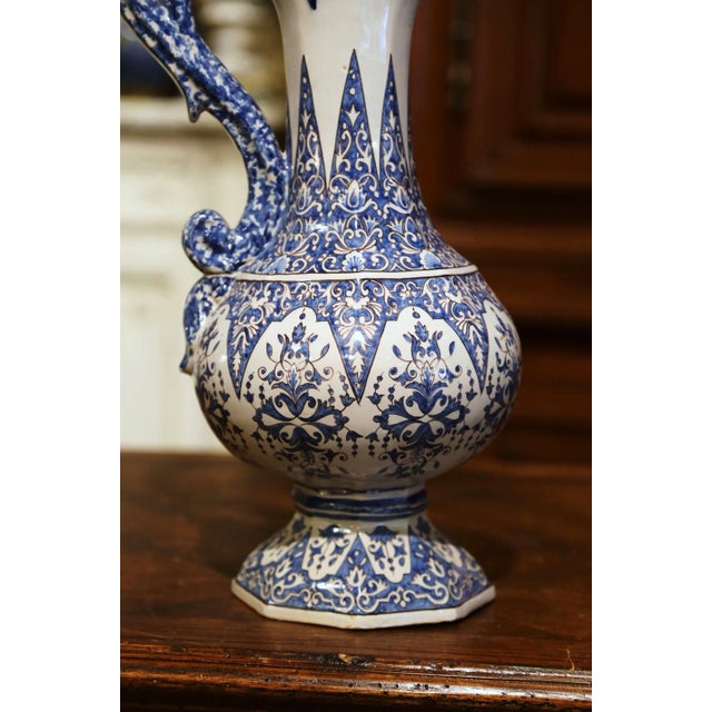 Ceramic 19th Century French Hand Painted Blue and White Faience Ewer Signed Hr Quimper For Sale - Image 7 of 12