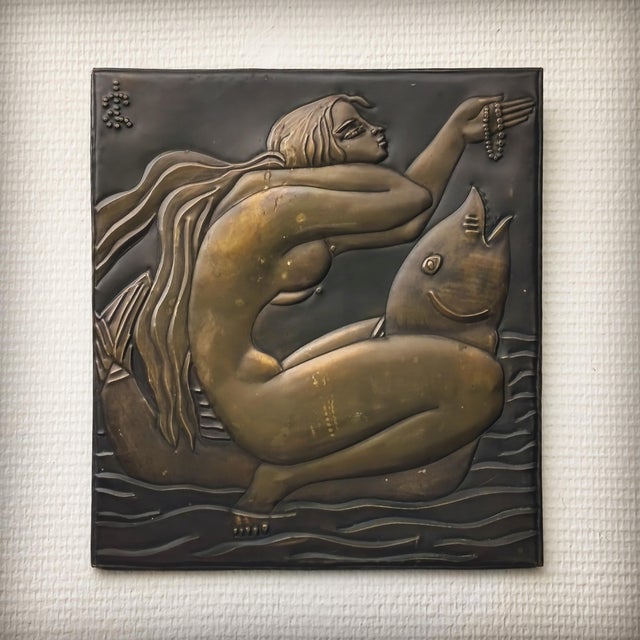 Brass Plaque Depicting a Woman and a Dolphin, France, 1960s For Sale - Image 3 of 17