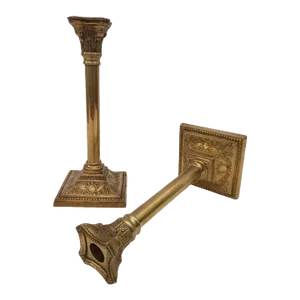 Pair of Antique Victorian Brass Candlesticks Square Base