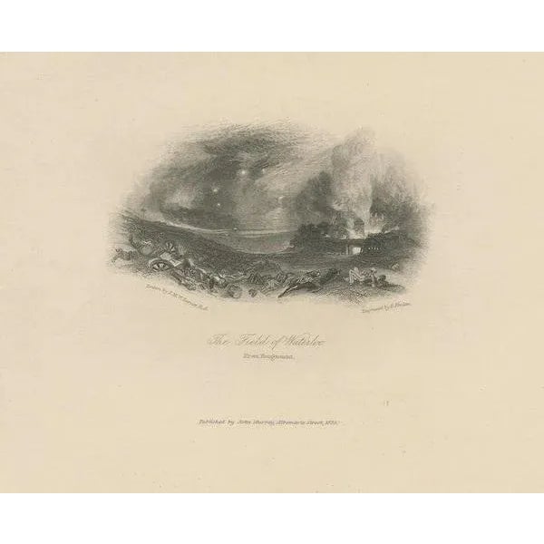 Antique print titled 'The Field of Waterloo'. View of the Battle of Waterloo (18 June 1815) seen from the château of...