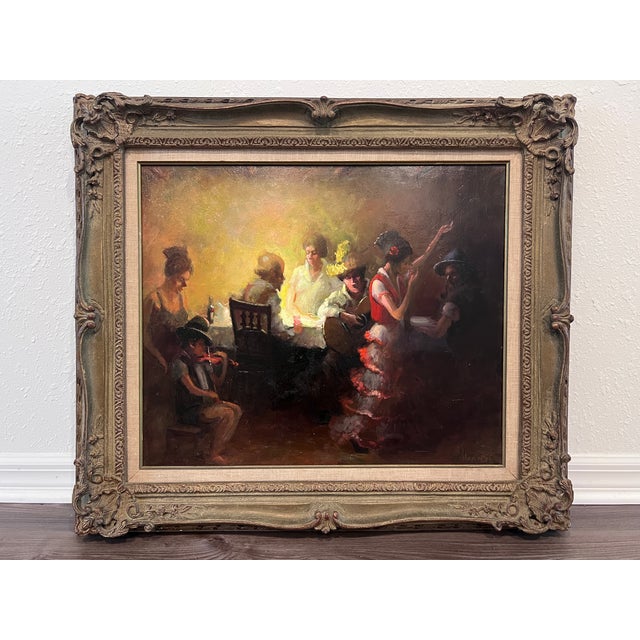 A captivating vintage oil painting on board signed Harnden, depicting a lively tavern scene filled with musicians,...