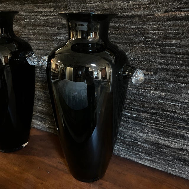 Contemporary Vintage Hand-Blown Glass Vase in Ebony With Clear Handles- a Pair For Sale - Image 3 of 12