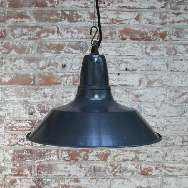 Vintage French Industrial Blue and Black Enamel Pendant Light For Sale - Image 4 of 5