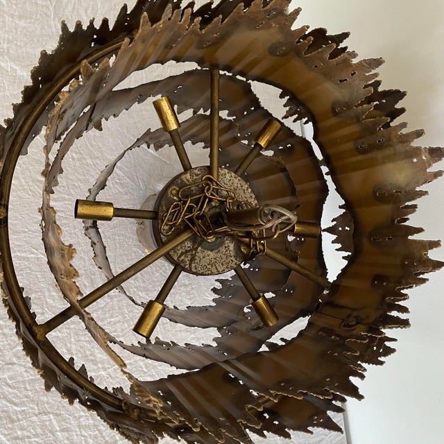 1970s Vintage Tom Greene for Feldman Brutalist Flame Brass Chandelier Lighting Fixture For Sale - Image 5 of 10