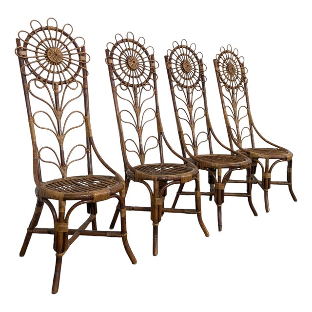 Bamboo and Rattan Chairs with Sunflower Decoration, 1970s, Set of 4 For Sale