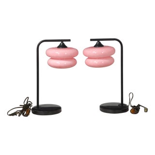 Pair of Black Onyx and Iron Base Table Lamps With Pink Glass Shades For Sale