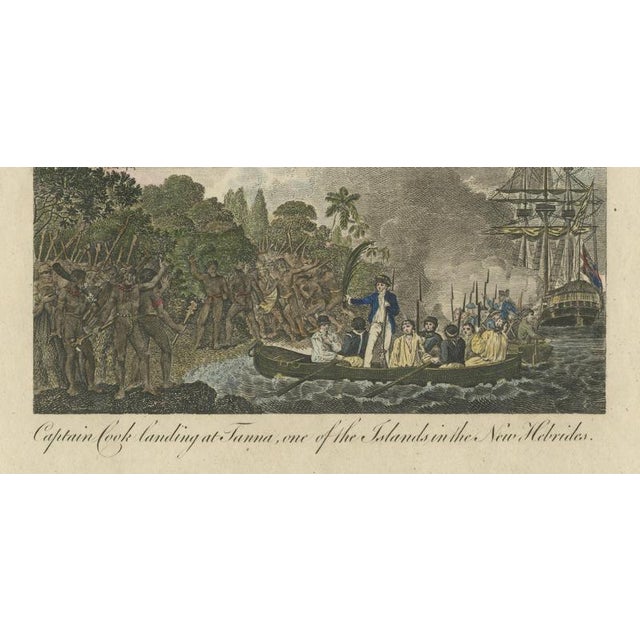 Gold Captain Cook in the New Hebrides Tanna Landing and Erromango Escape from Bankes’s New System of Geography, 1780, Set of 2 For Sale - Image 8 of 12