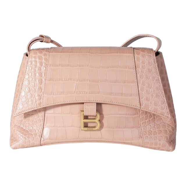 Beige Croc Embossed Hourglass Downtown Shoulder Bag For Sale