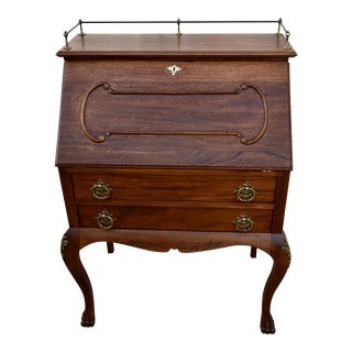 Antique Country French Style Mahogany Slant Front Desk W/Brass Gallery Top For Sale