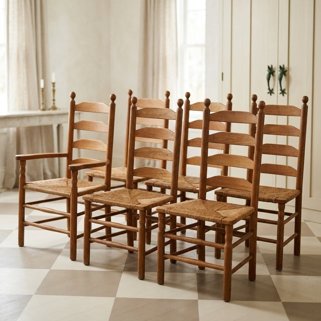 Vintage set of ten light oak ladder-back dining chairs with woven rush seats, including eight side chairs and two...