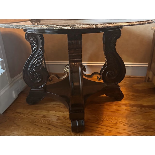 Stone Bernhardt Marble Top Center/Foyer Table – 48" Round – Carved Designer Base For Sale - Image 7 of 10