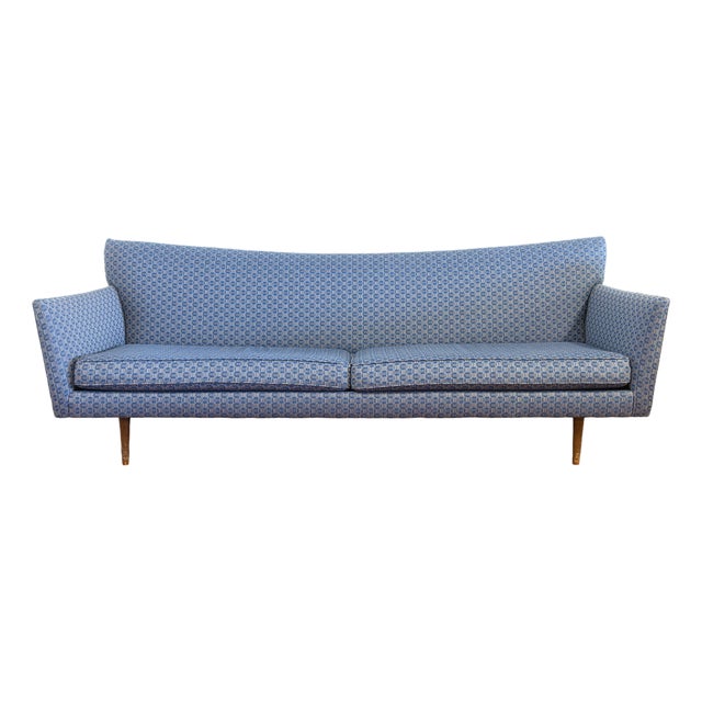 Vintage Paul McCobb Pagoda Blue Fabric Mid Century Modern Sofa For Sale