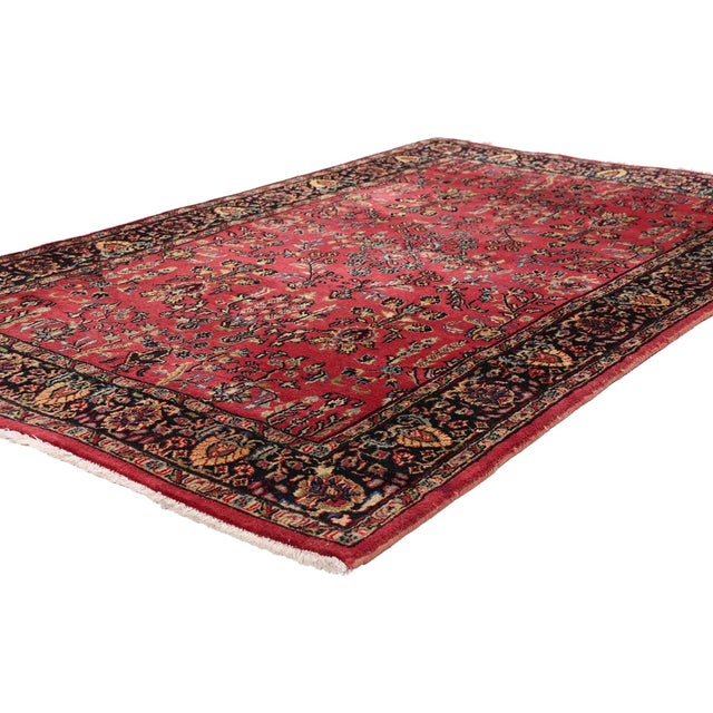 79538 Vintage Indian Sarouk Rug, 03'09 x 06'02. The Crimson Garden: A Vintage Sarouk Masterpiece of Persian Floral...