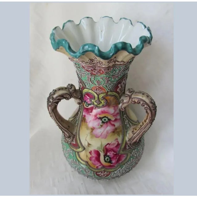 Antique Asian Nippon, Moriage Hand Painted Vase With Poppy Flowers For Sale - Image 6 of 7