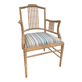 John Rosselli Bamboo White Washed Arm Chair With Striped Cushion Seat For Sale