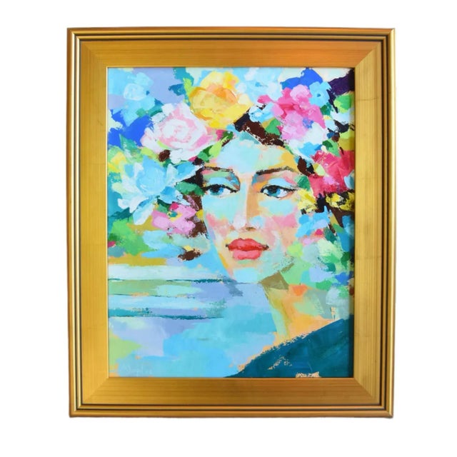 Contemporary Dreamy Floral Lady Portrait Oil Painting W/ Antiqued Gold Wood Frame For Sale - Image 3 of 9