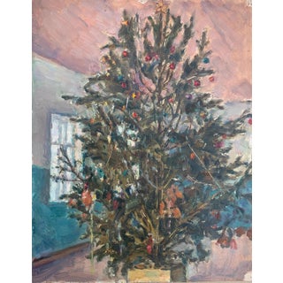 Soviet Era Christmas Tree Oil Painting, Ukrainian Artist, 1970s 46-36 For Sale
