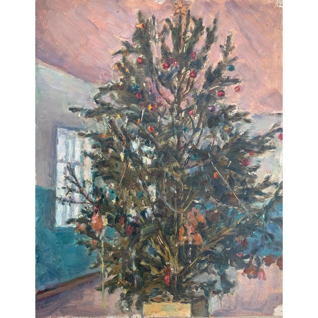 Soviet Era Christmas Tree Oil Painting, Ukrainian Artist, 1970s 46-36 For Sale