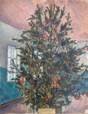 Soviet Era Christmas Tree Oil Painting, Ukrainian Artist, 1970s 46-36