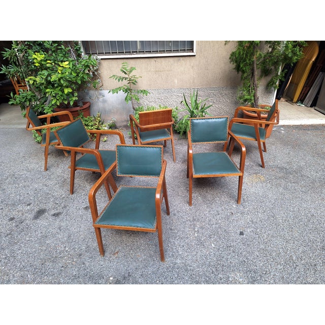 Wood Armchairs in Walnut and Green Leather by Franco Albini, Set of 6 For Sale - Image 7 of 16