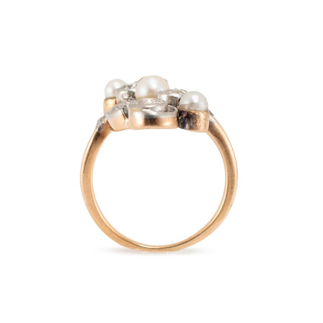 Metal Antique Platinum 14k Pearl 1.55ctw Old Euro Diamonds Belle ÉPoque Cocktail Ring, Size 6.25 For Sale - Image 7 of 8