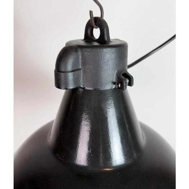 Industrial Black Enamel Pendant Lamps with Cast Iron Top, 1950s, Set of 4 For Sale - Image 12 of 18