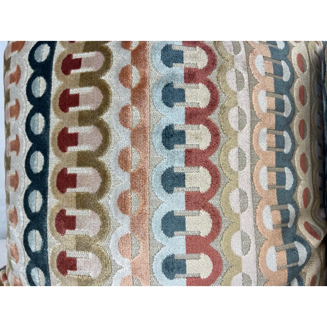 Transitional Geometric Cut Velvet Stripe in Multi 22" Pillows-A Pair For Sale - Image 3 of 4