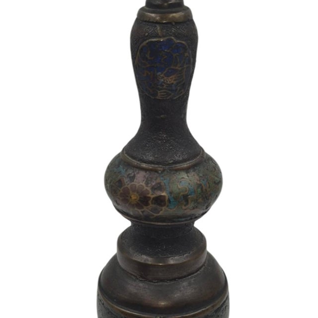 Chinese Pair of Late 19th Century Chinese Cloisonné Enamel and Bronze Candlesticks - 16" For Sale - Image 3 of 16