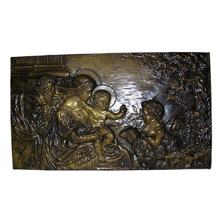 Embossed Brass Plate with the Holy Family Decor For Sale