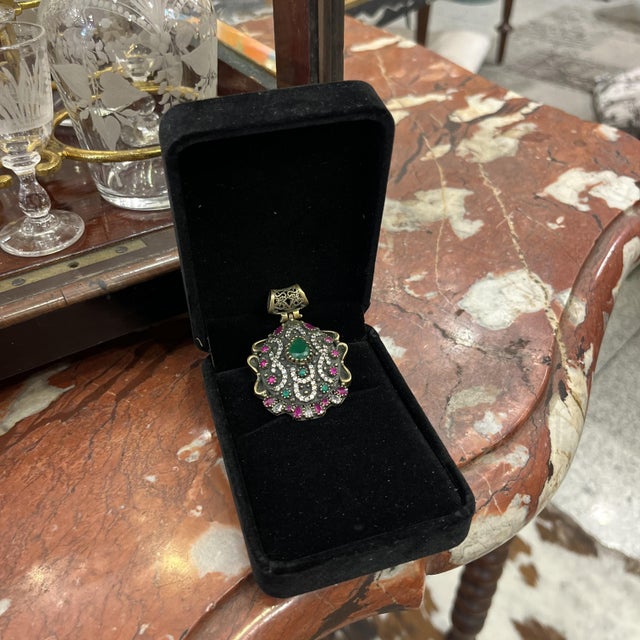 Ottoman 925 Sterling Silver Pendant in Cubic Zirconia, Emerald Root and Ruby R​root, 2000s, Italy For Sale - Image 14 of 18