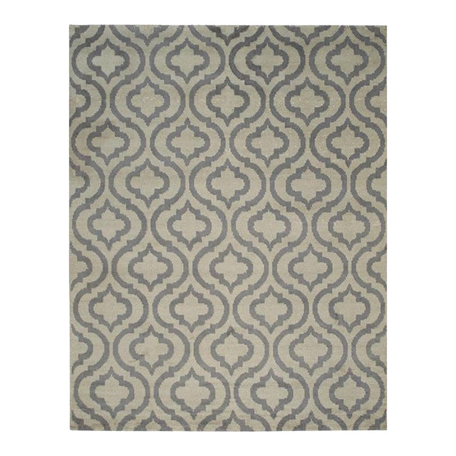 8x10 Gray Hand-Knotted Wool Repeating Quatrefoil Motif Geometric Carpet Rug For Sale