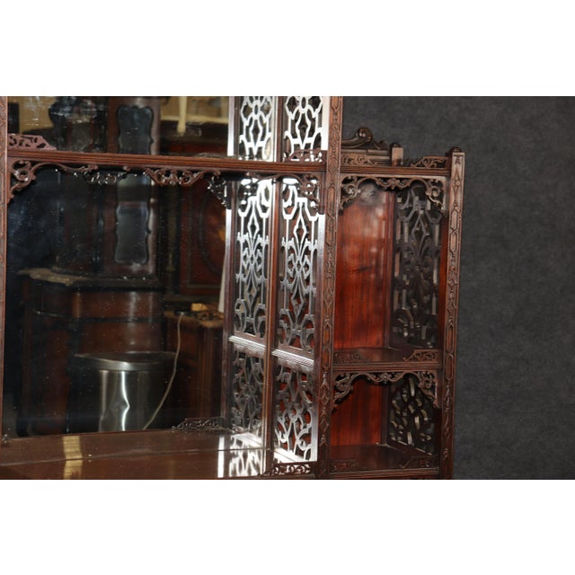 Rare Mahogany Reticulated Carved Chinese Chippendale Etagere China Vitrine For Sale - Image 4 of 12