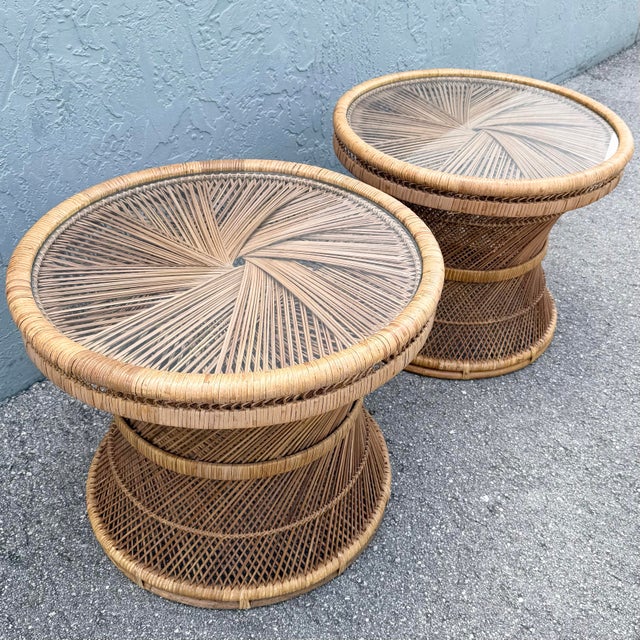 Boho Chic Buri Rattan Circular Inlaid Glass Top Side Tables - A Pair For Sale In West Palm - Image 6 of 8
