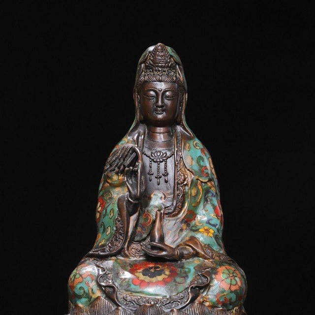 Turquoise Late 20th Century Gilt Bronze Cloisonné Enamel Seated Figure of Guanyin on Lotus Base For Sale - Image 8 of 9