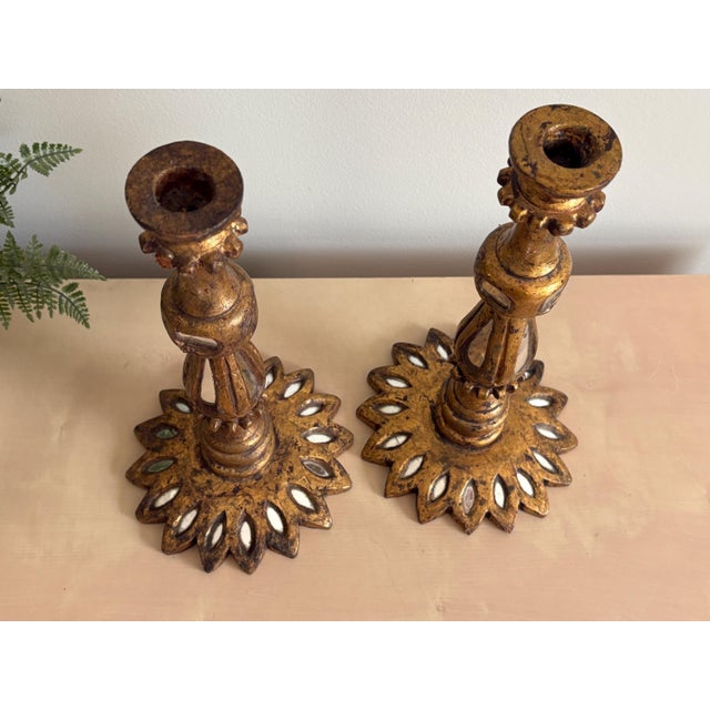 Spanish Revival Spanish Florentine Candlesticks - Mirrored Wood, Gilt Gold, Vintage Candle Holders For Sale - Image 3 of 10