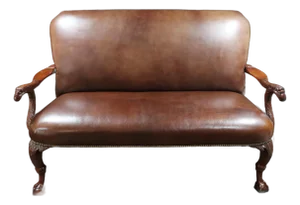 Early 20th Century Hand Carved Antique Loveseat With Leather Upholstery