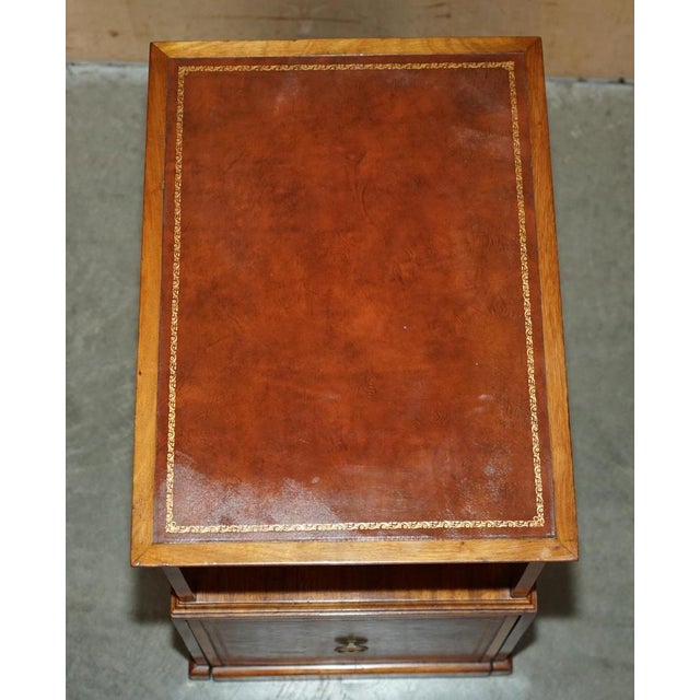 Flamed Hardwood & Brown Leather Sliding Book Tables, Set of 2 For Sale - Image 6 of 18