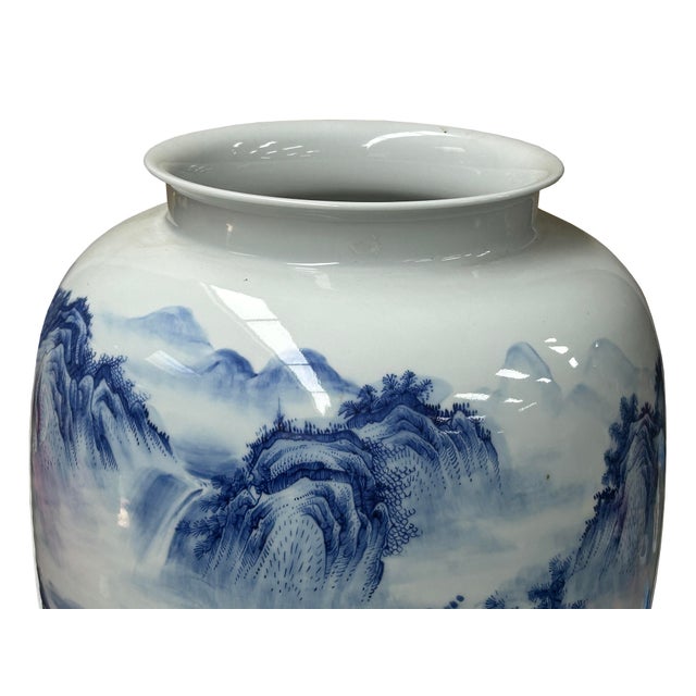 Chinese Blue White Handpaint Mountain Tree Scenery Porcelain Vase For Sale - Image 9 of 14