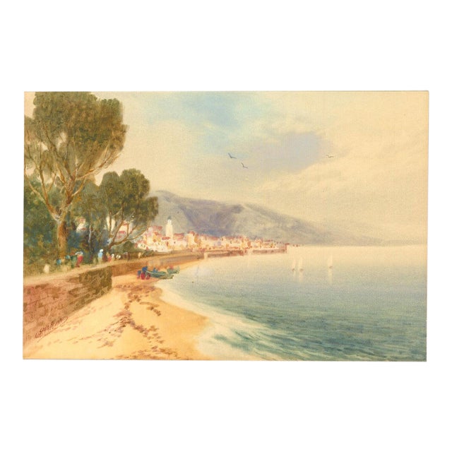 Vintage Original Watercolor Painting of Coastline For Sale