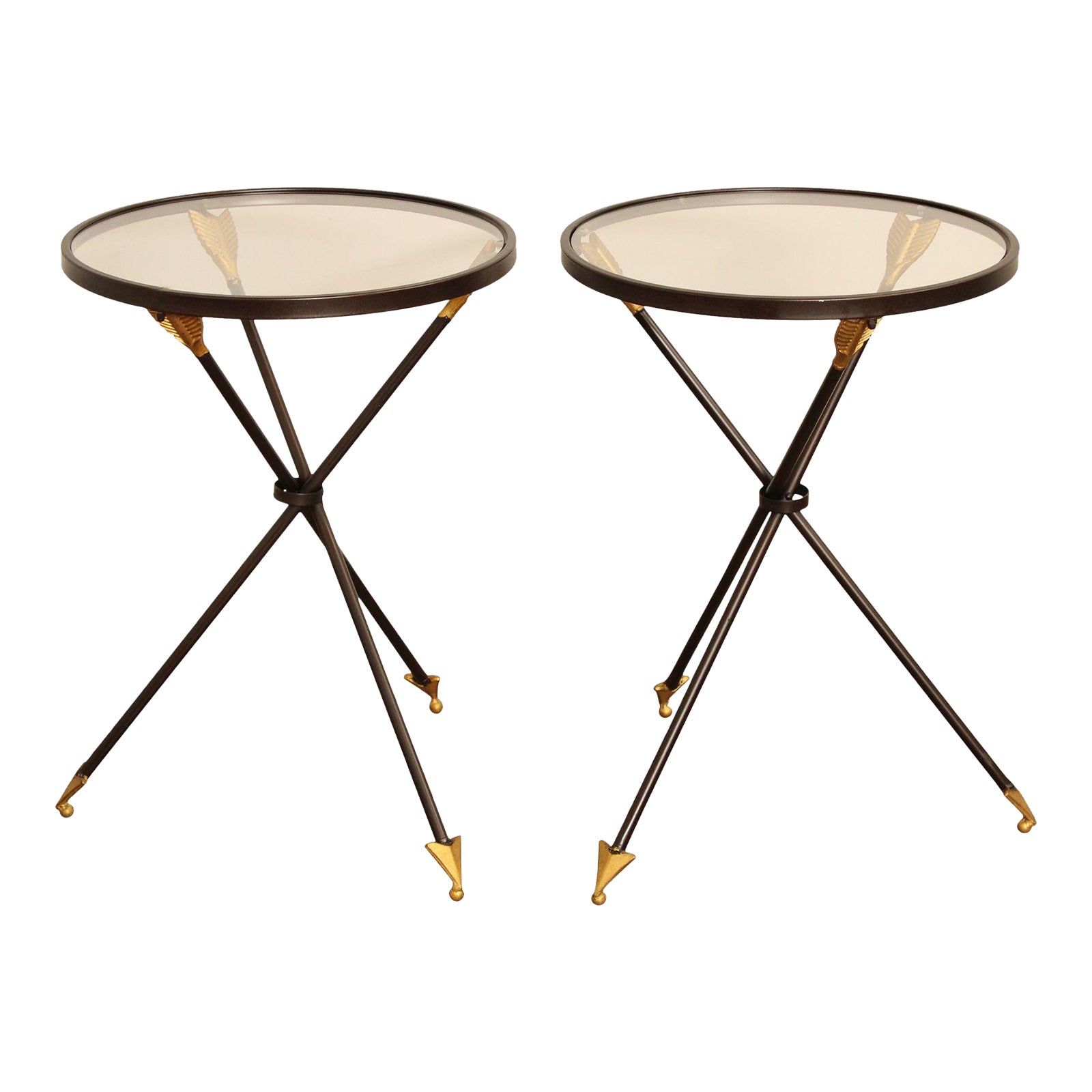 Regency Style Pair of Round Glass Top Arrow Side Tables | Chairish