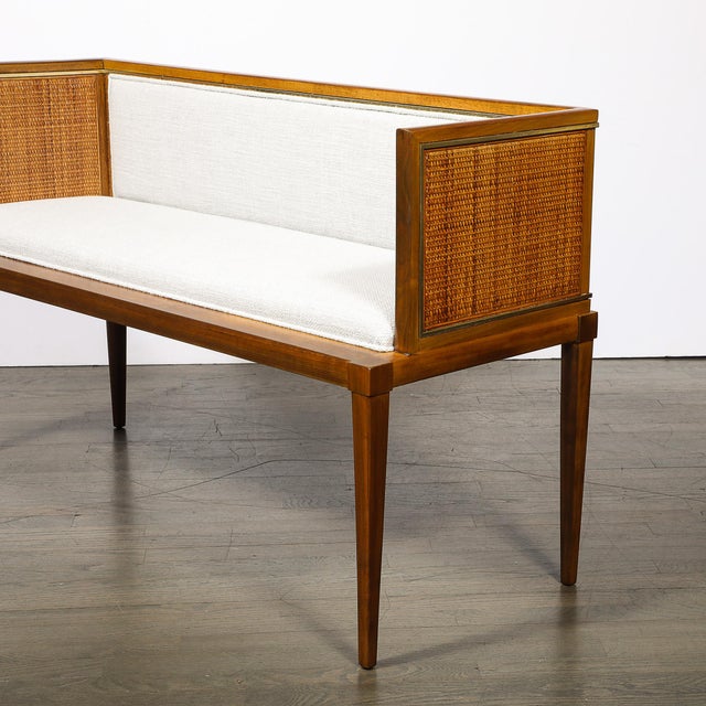 Mid-Century Brass Lined Walnut Settee W/ Cane Detailing & Holly Hunt Upholstery For Sale - Image 4 of 18