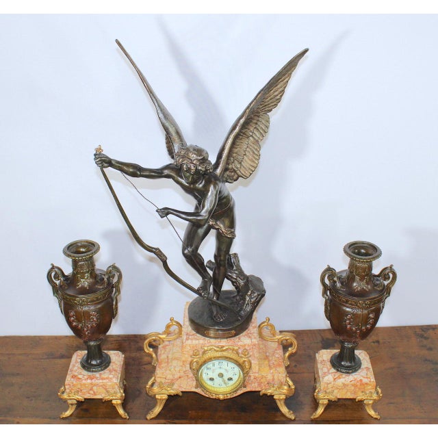 Antique French 1896 “Amour Irresistible” Angel Statue Pink Marble 3-Piece Clock Set For Sale - Image 4 of 17