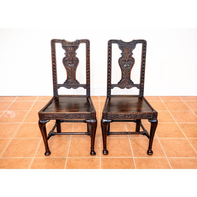 Antique English Oak Jacobean Hall Side Dining Chairs, 1620, Set of 2 For Sale - Image 14 of 18