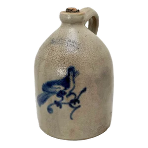 Rare Small 1 Gallon Size Antique Blue Bird Decorated American Stoneware Spirits Jug by Norton in Worcester Massachusetts