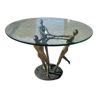 Vintage Mid Century Modern Italian Nude Women Brutalist Bronze Glass Circle Accent Table 1970s Sculpture Sculptural For Sale
