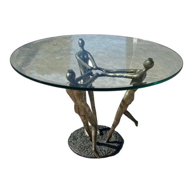 Vintage Mid Century Modern Italian Nude Women Brutalist Bronze Glass Circle Accent Table 1970s Sculpture Sculptural For Sale