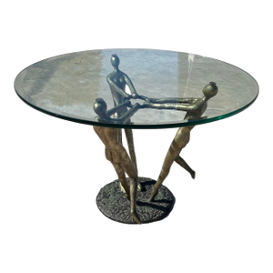 Vintage Mid Century Modern Italian Nude Women Brutalist Bronze Glass Circle Accent Table 1970s Sculpture Sculptural