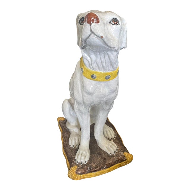 Grand Italian Ceramic Seated Hunting Dog Figurine on Pillow For Sale